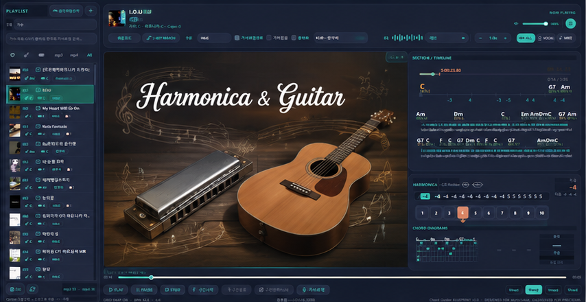 Chord Guide screen with lyrics, chords, and harmonica guidance
