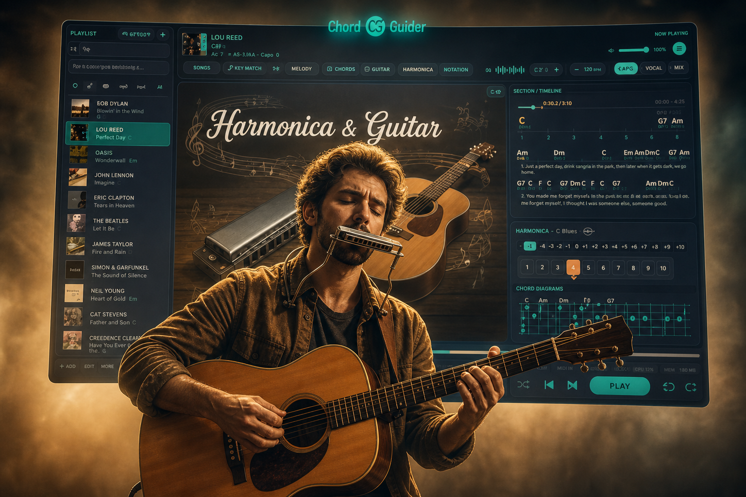 Playing harmonica and guitar in front of the Chord Guide practice screen